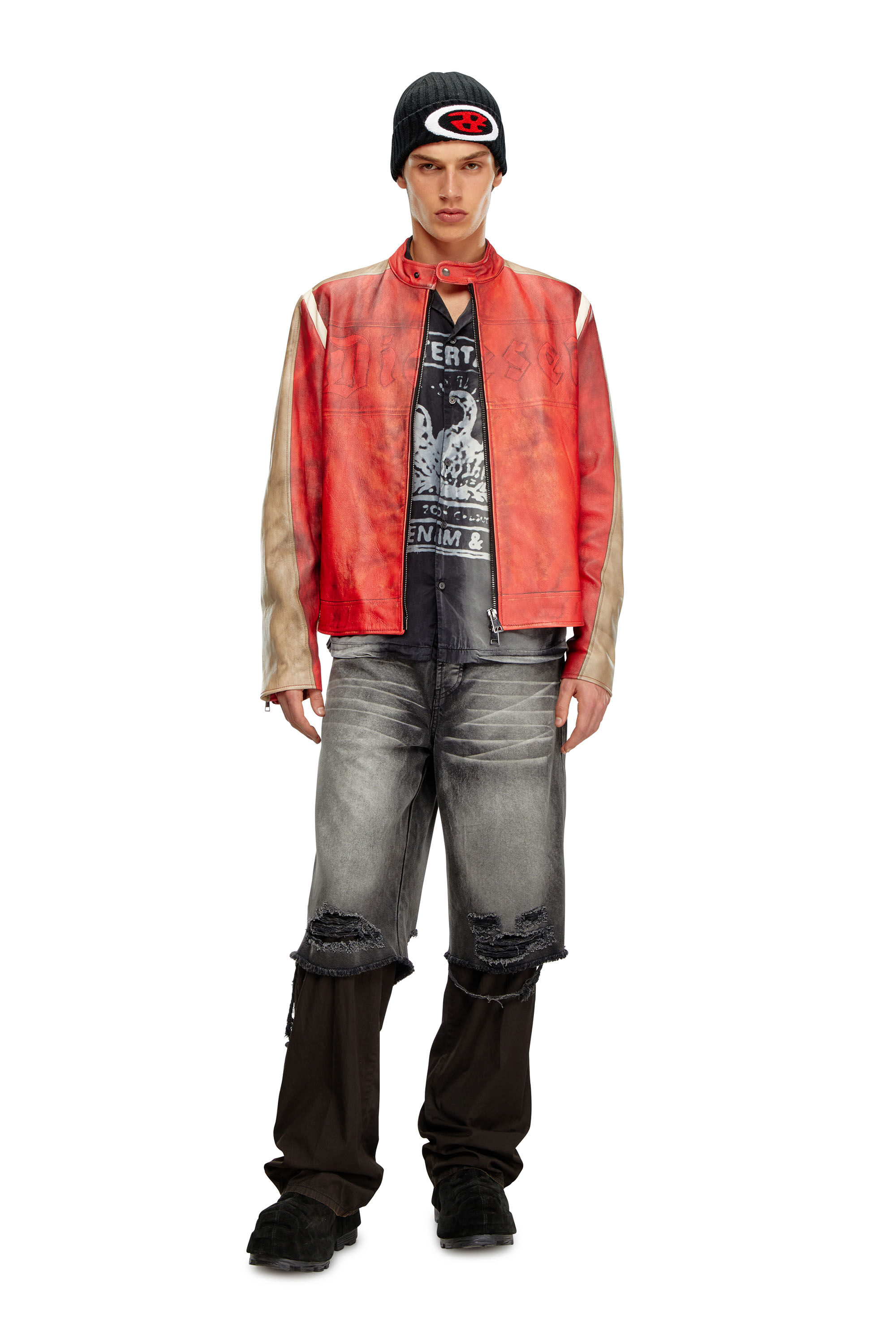 Diesel - L-RUSCHA, Giacca biker in pelle effetto dirty Uomo in Rosso - 1