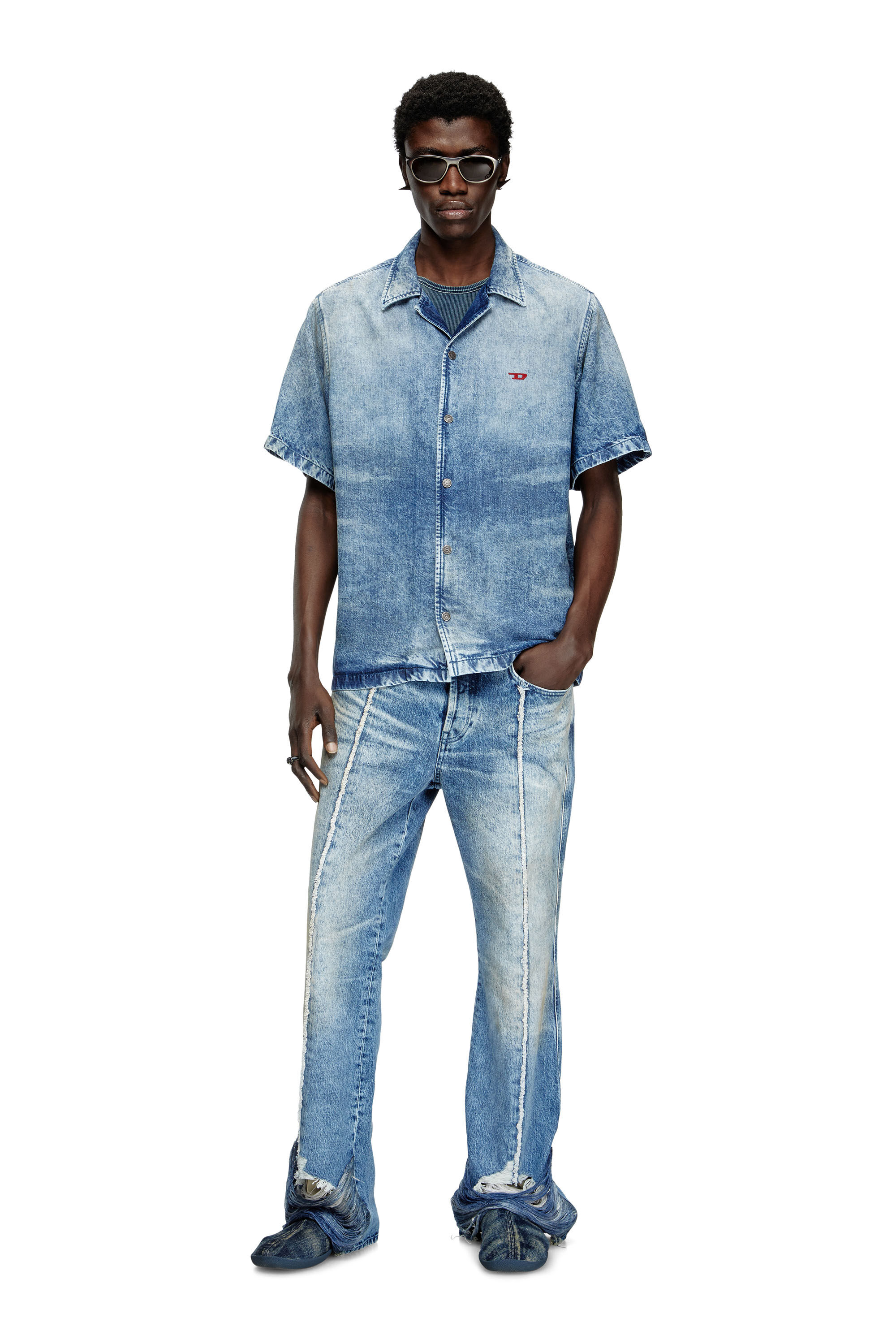 Diesel - D-NABIL-FSG, Herren Bowling-Hemd aus vielgetragenem Denim in Mittelblau - 1