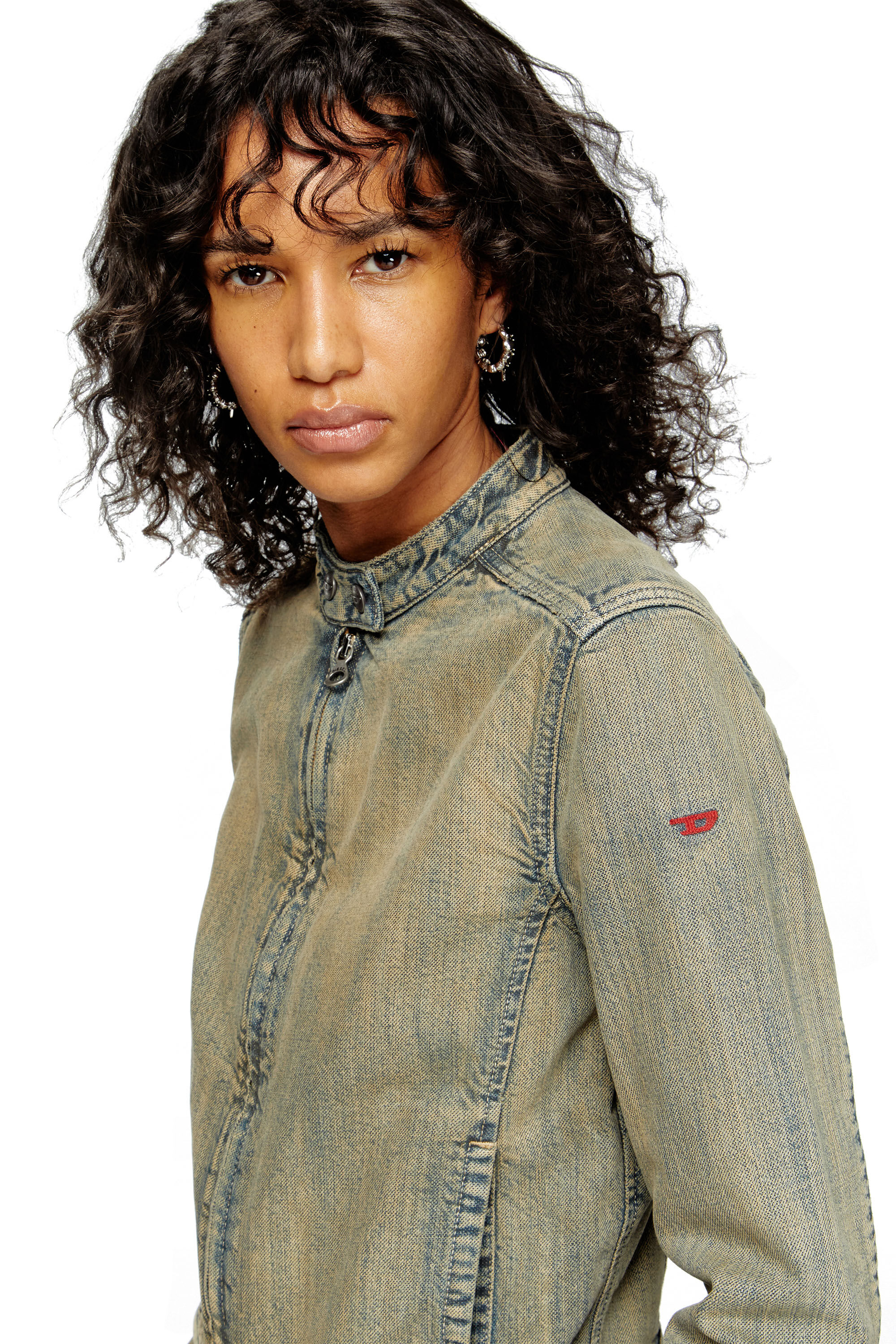Diesel - DE-MORNIN, Veste biker en denim brossé doré Femme in Bleu - 5