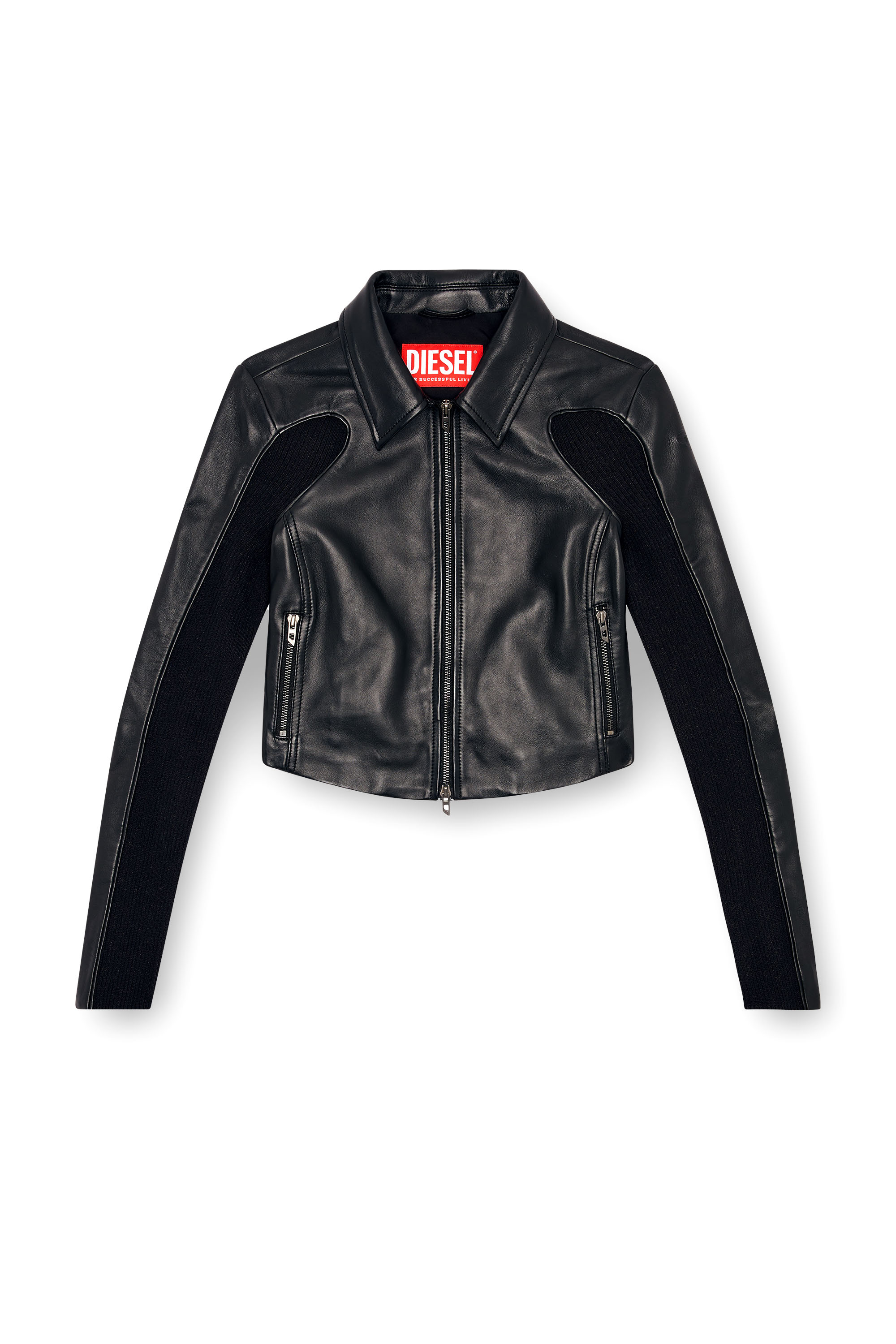 Diesel - L-TOTEM-P1, Damen Cropped-Jacke aus Leder mit Strick-Einsätzen in Schwarz - 3