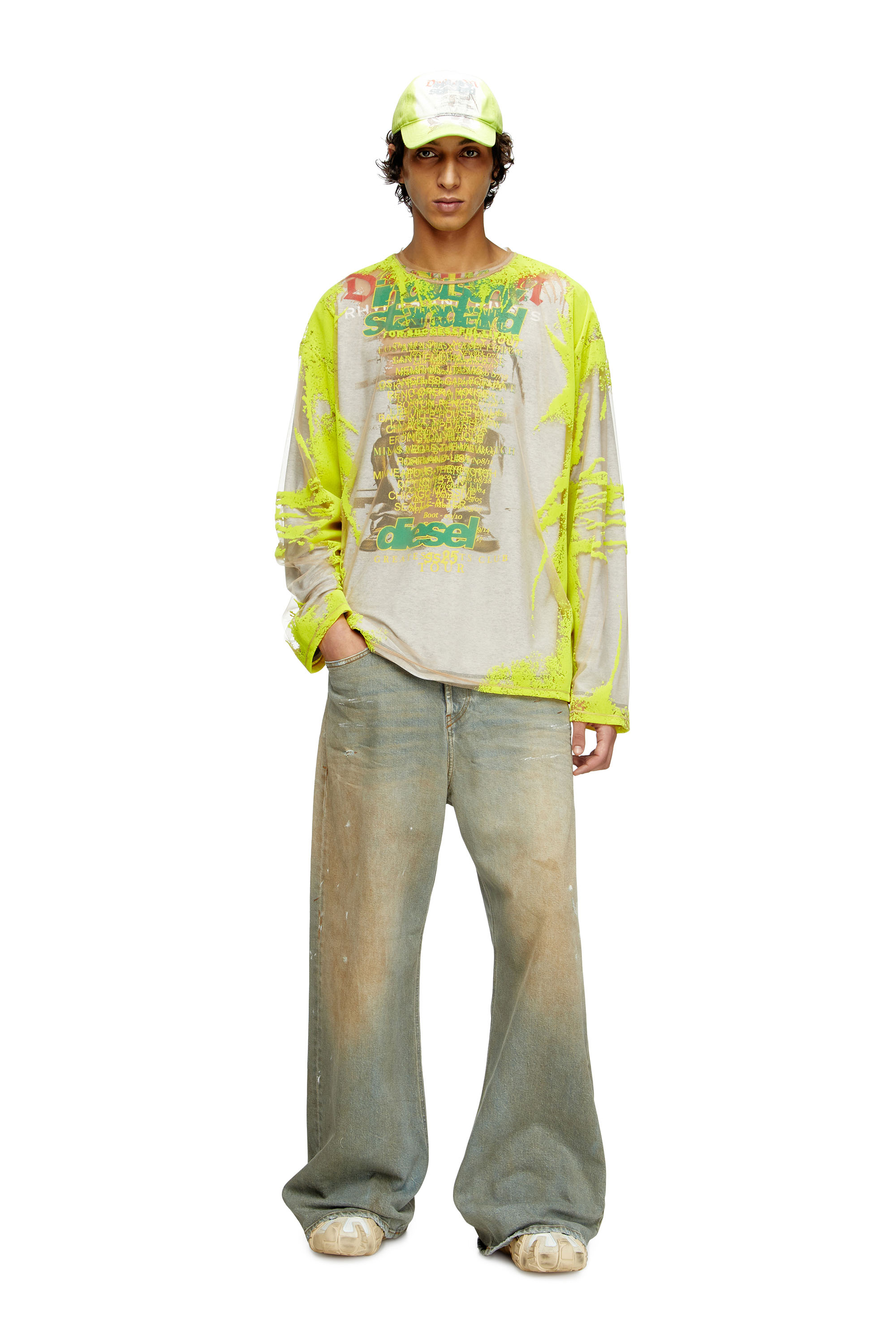 Diesel - T-HASSAN-LS-A, T-shirt en nylon à manches longues avec imprimé paroles Mixte in Jaune - 2
