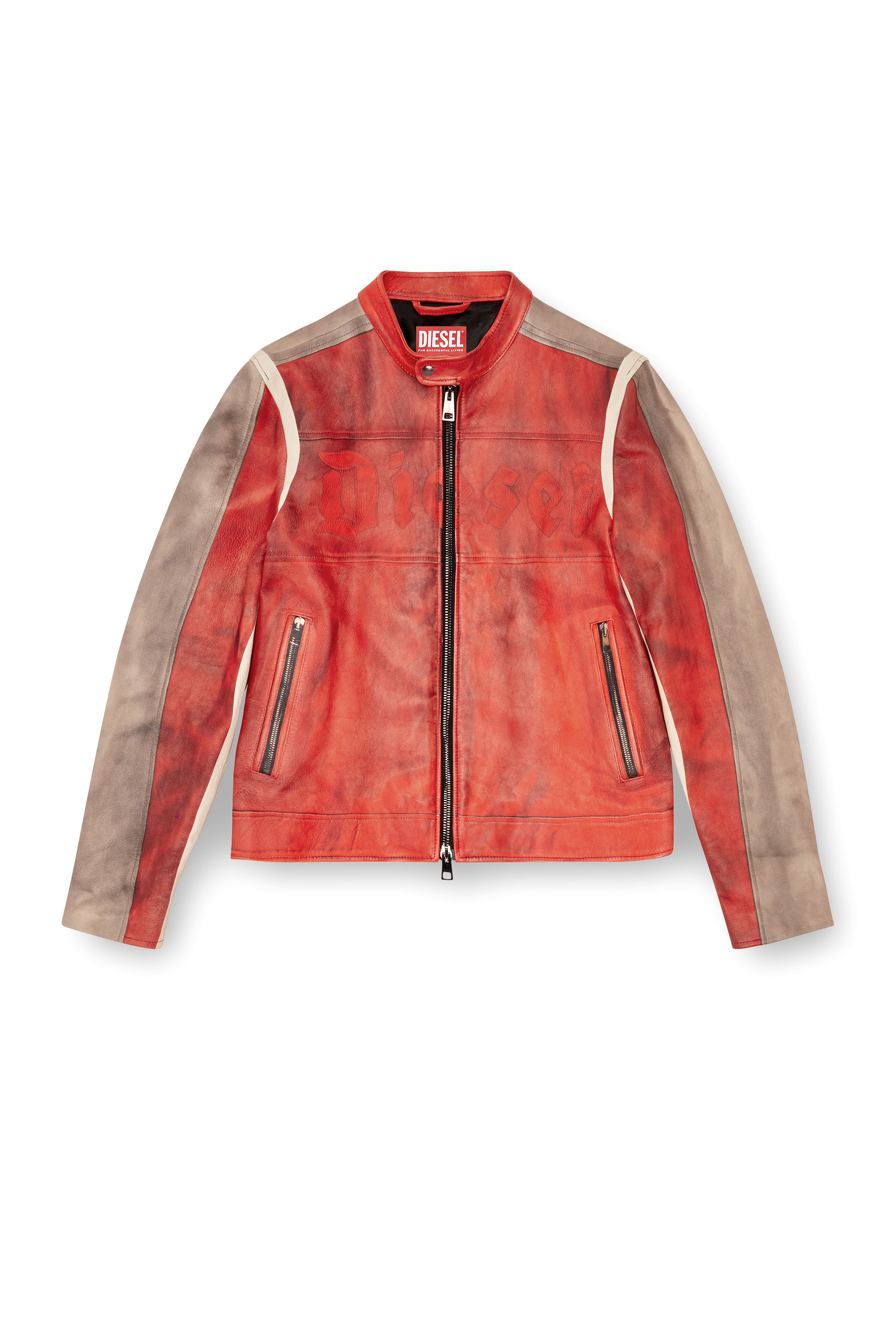 Diesel - L-RUSCHA, Veste biker en cuir effet sali Homme in Rouge - 3