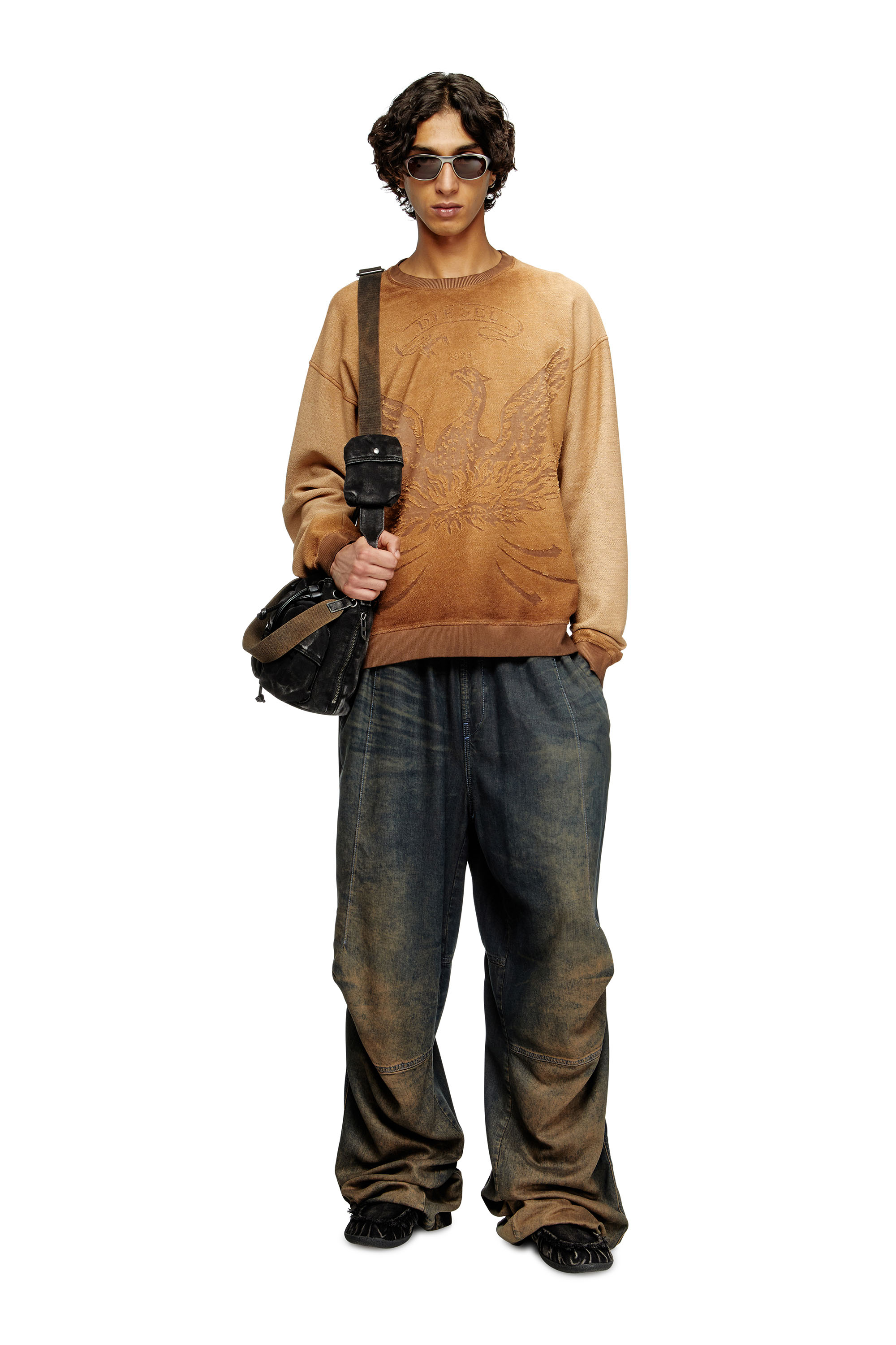 Diesel - S-ARON, Sweat-shirt délavé avec logo du phénix en dévoré Homme in Marron - 2