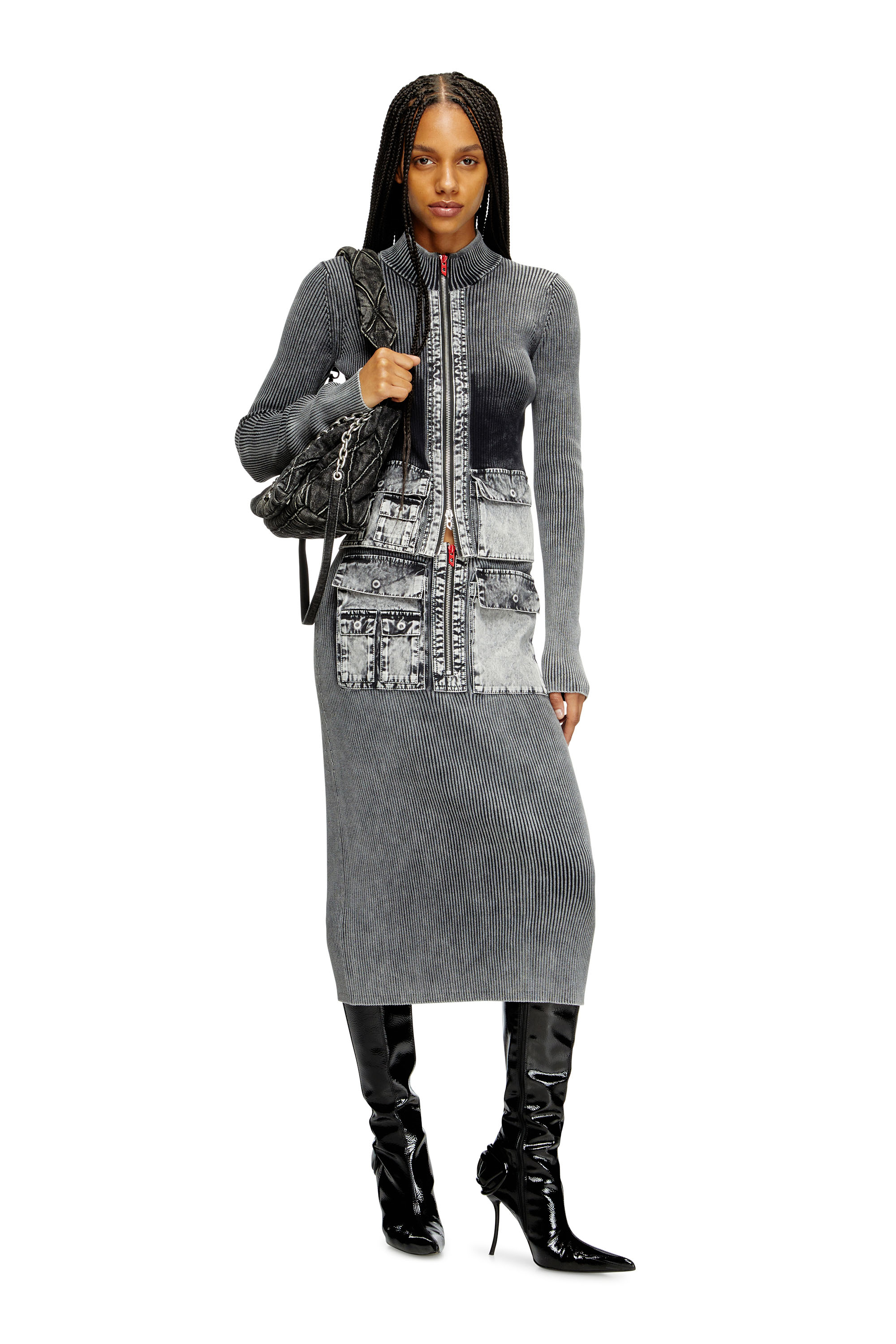 Diesel - M-MERYN, Jupe midi en maille avec poches cargo en denim Femme in Gris - 2