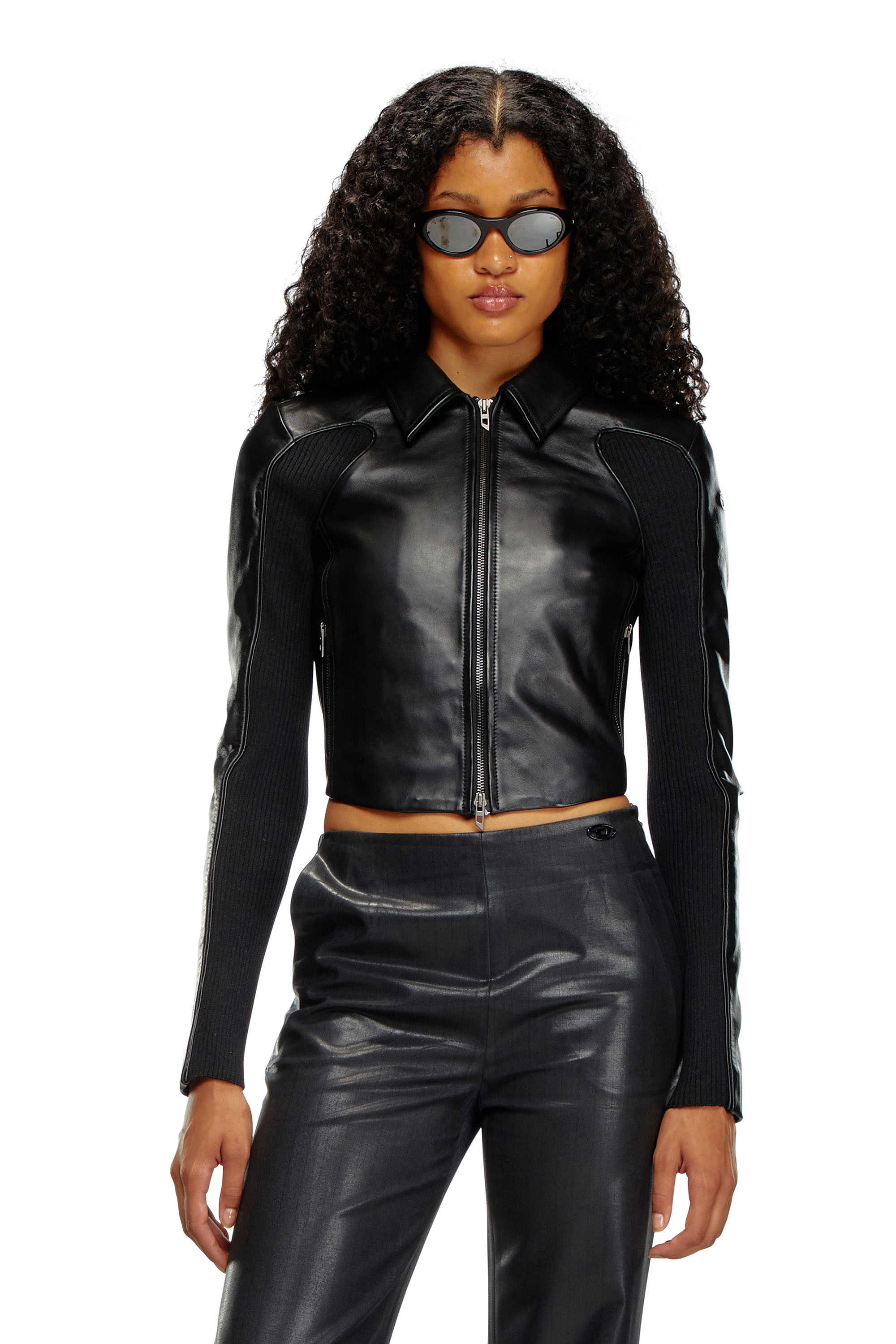 Diesel - L-TOTEM-P1, Damen Cropped-Jacke aus Leder mit Strick-Einsätzen in Schwarz - 1