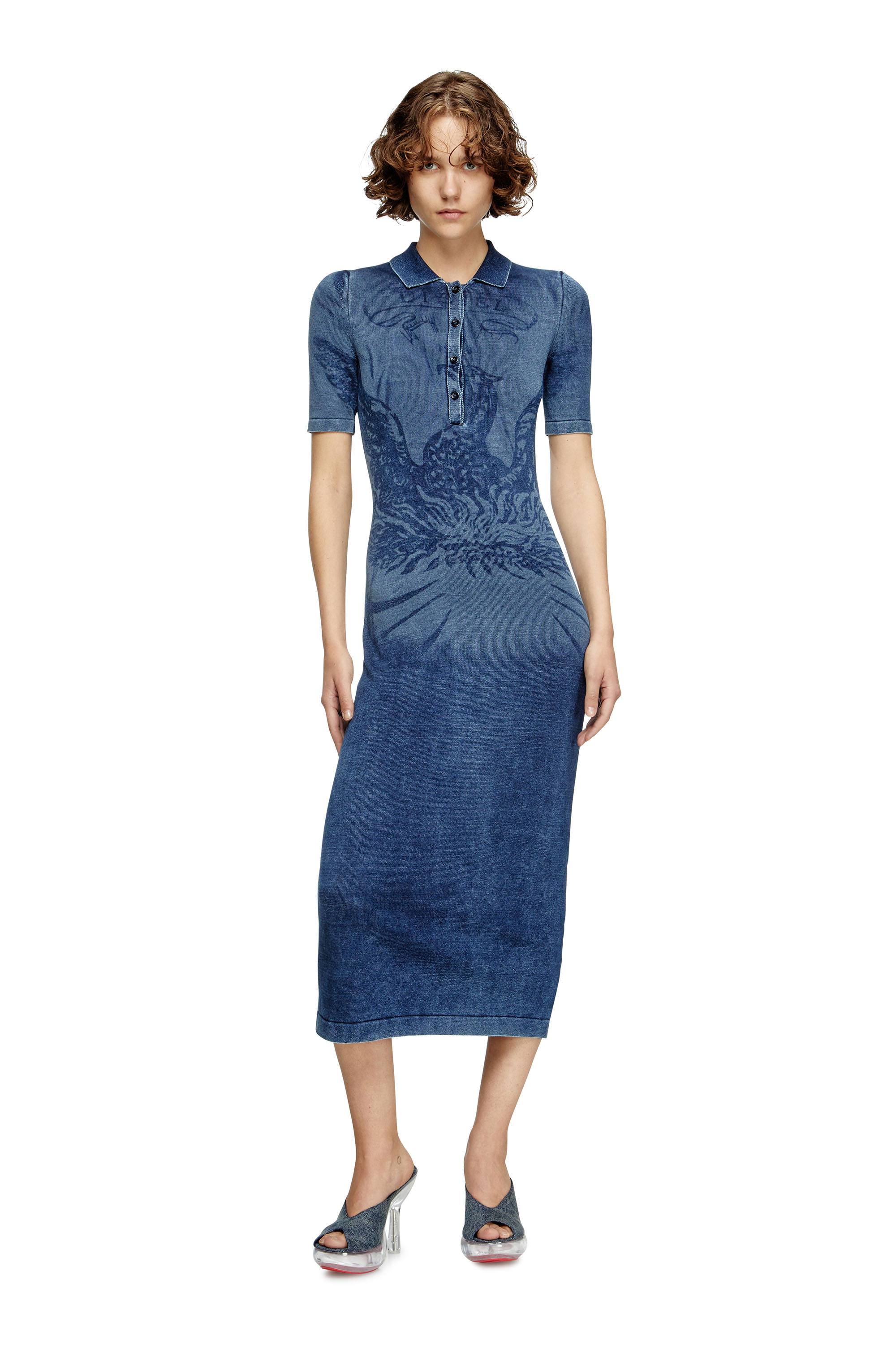 Diesel - M-FENNY-DRS, Damen Polo-Midi-Kleid im Denim-Effekt-Strick in Mittelblau - 2