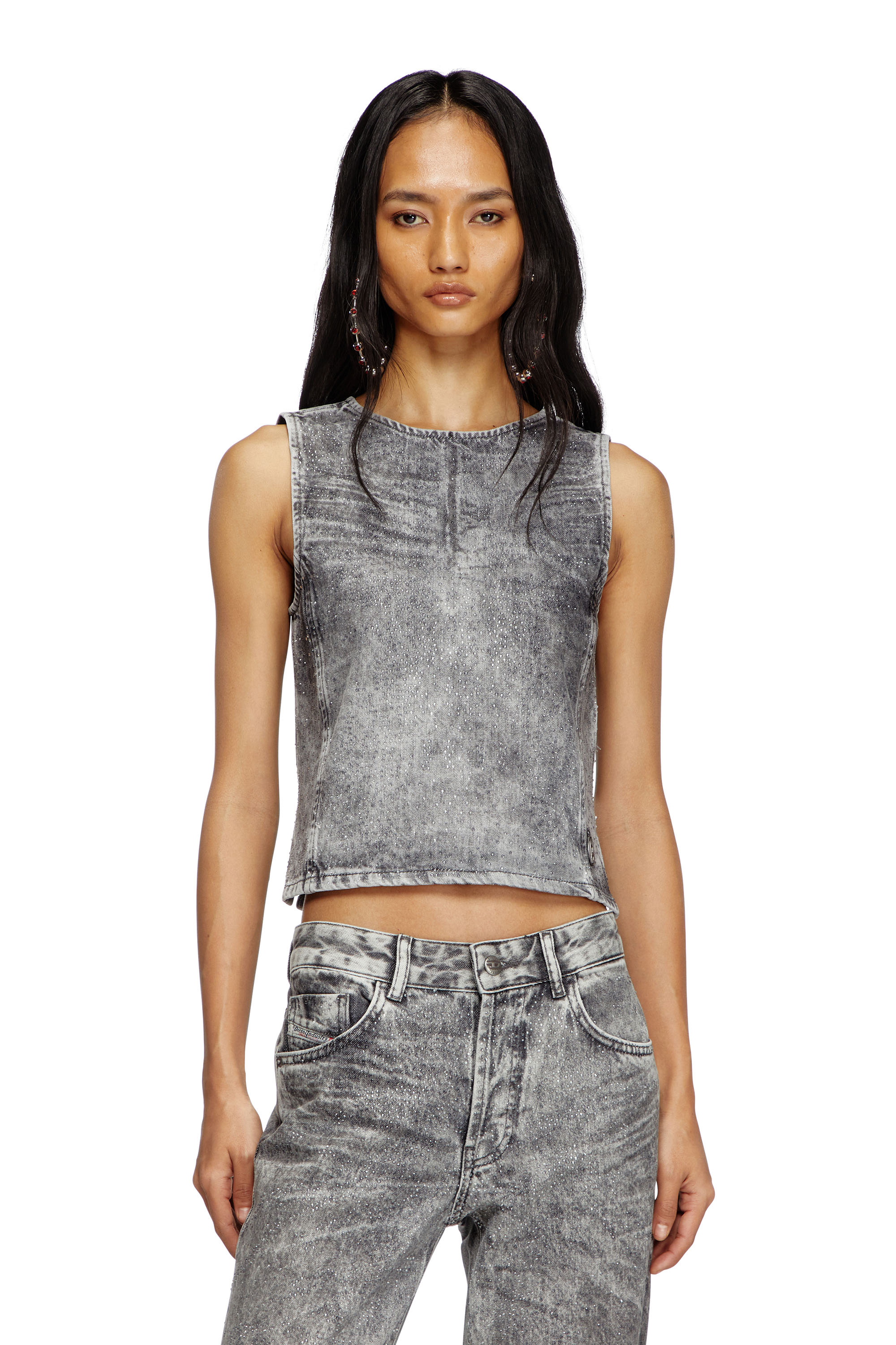 Diesel - DE-PINAR-S, Top a canotta in denim con cristalli Donna in Grigio - 1