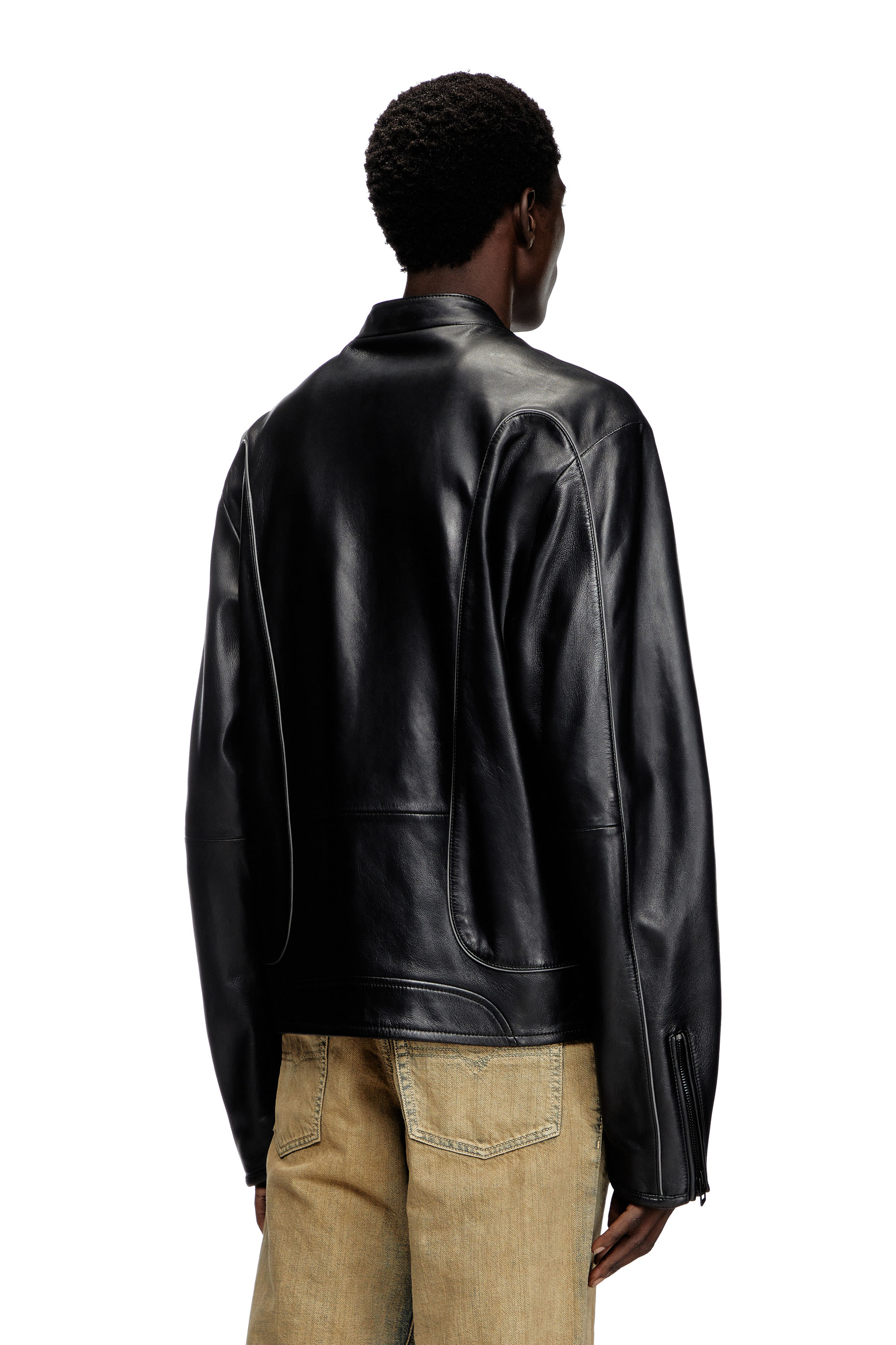 Diesel - L-KRIXY, Veste biker en cuir avec détails passepoilés Homme in Noir - 4
