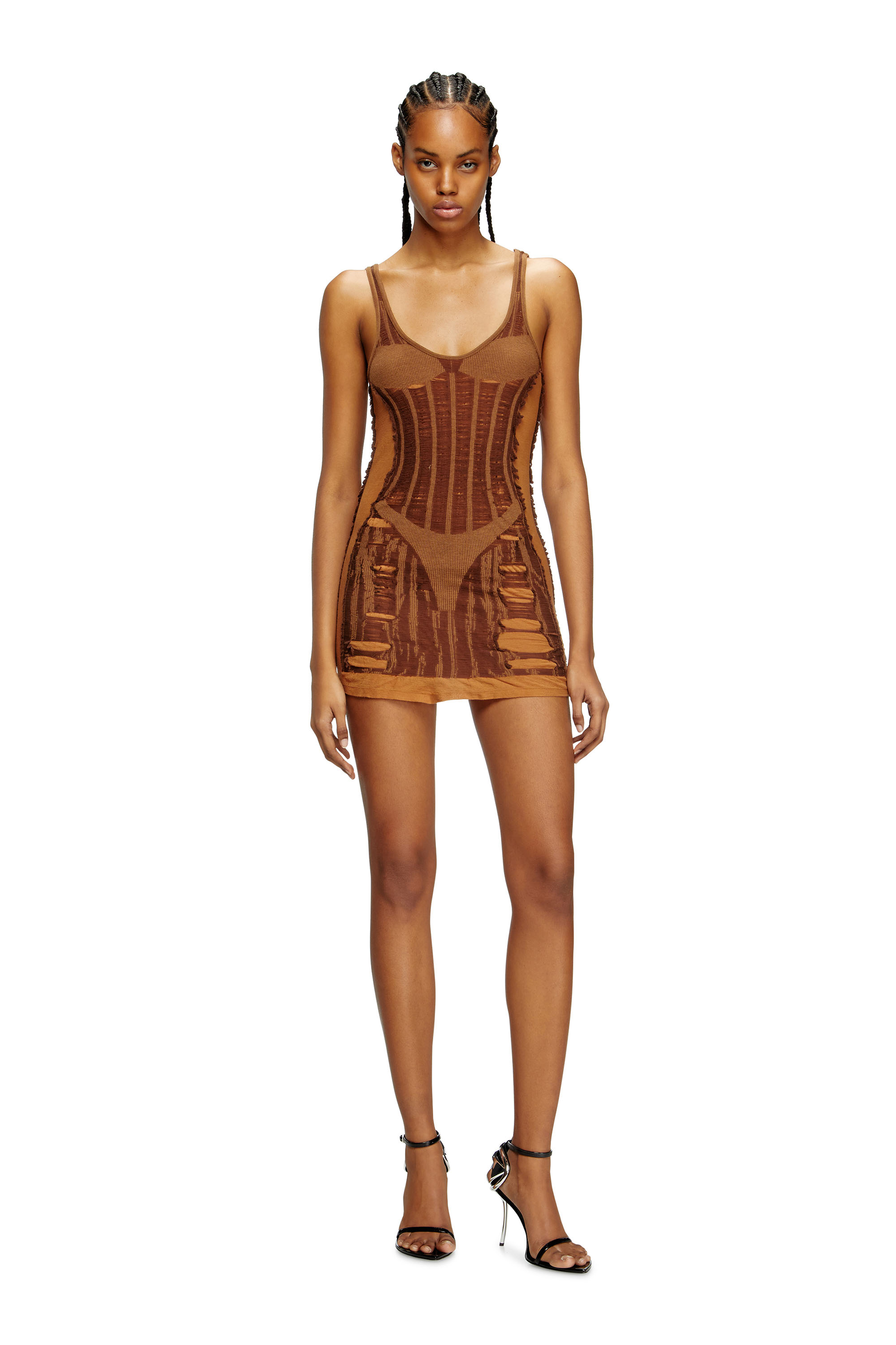 Diesel - M-CALIMERA-SHORT, Damen Minikleid aus vielgetragenem hautengem Strick in Braun - 1