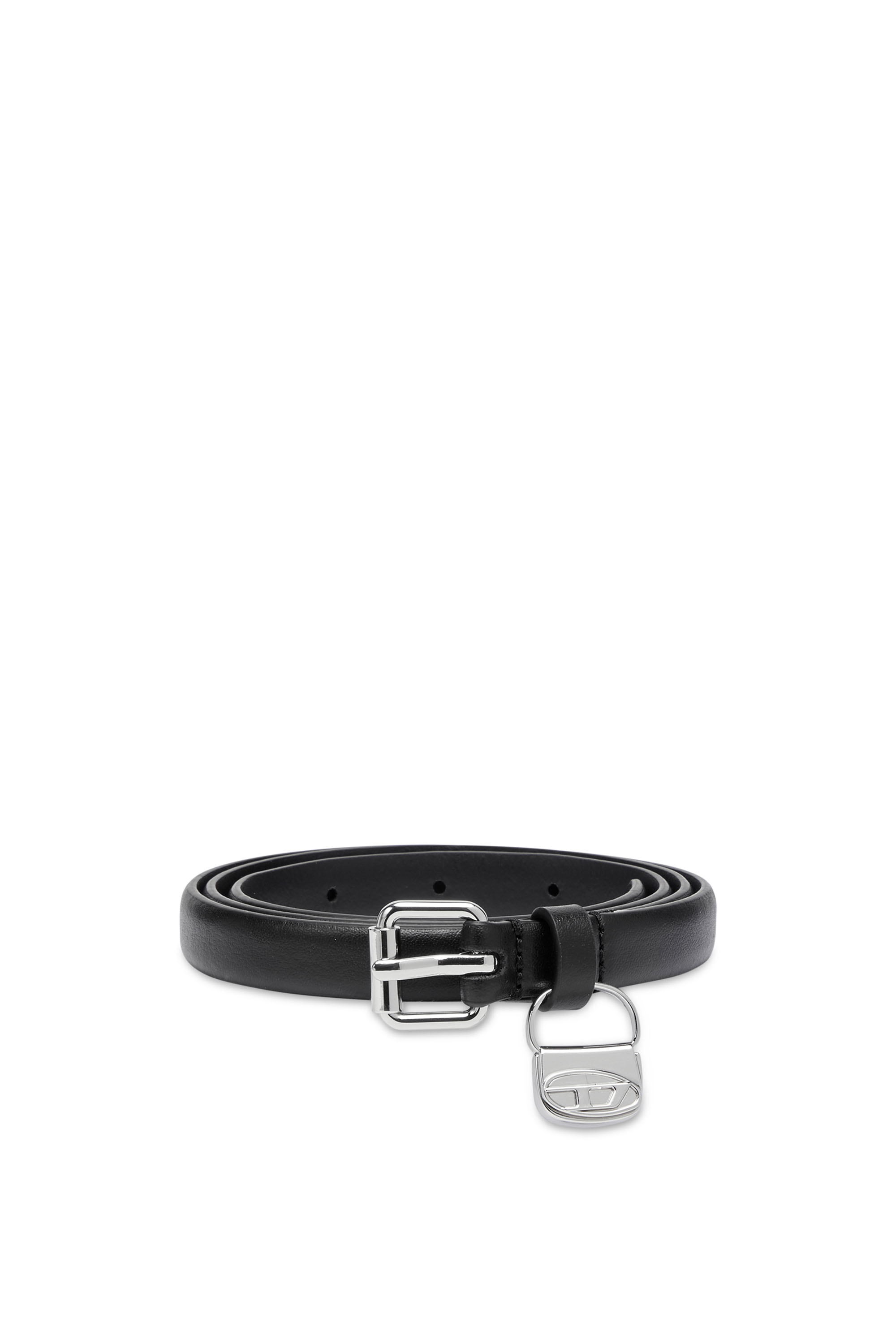 Diesel - B-CHARM HIP, Damen Schmaler Gürtel aus Leder mit 1DR Bag-Charm in Schwarz - 1