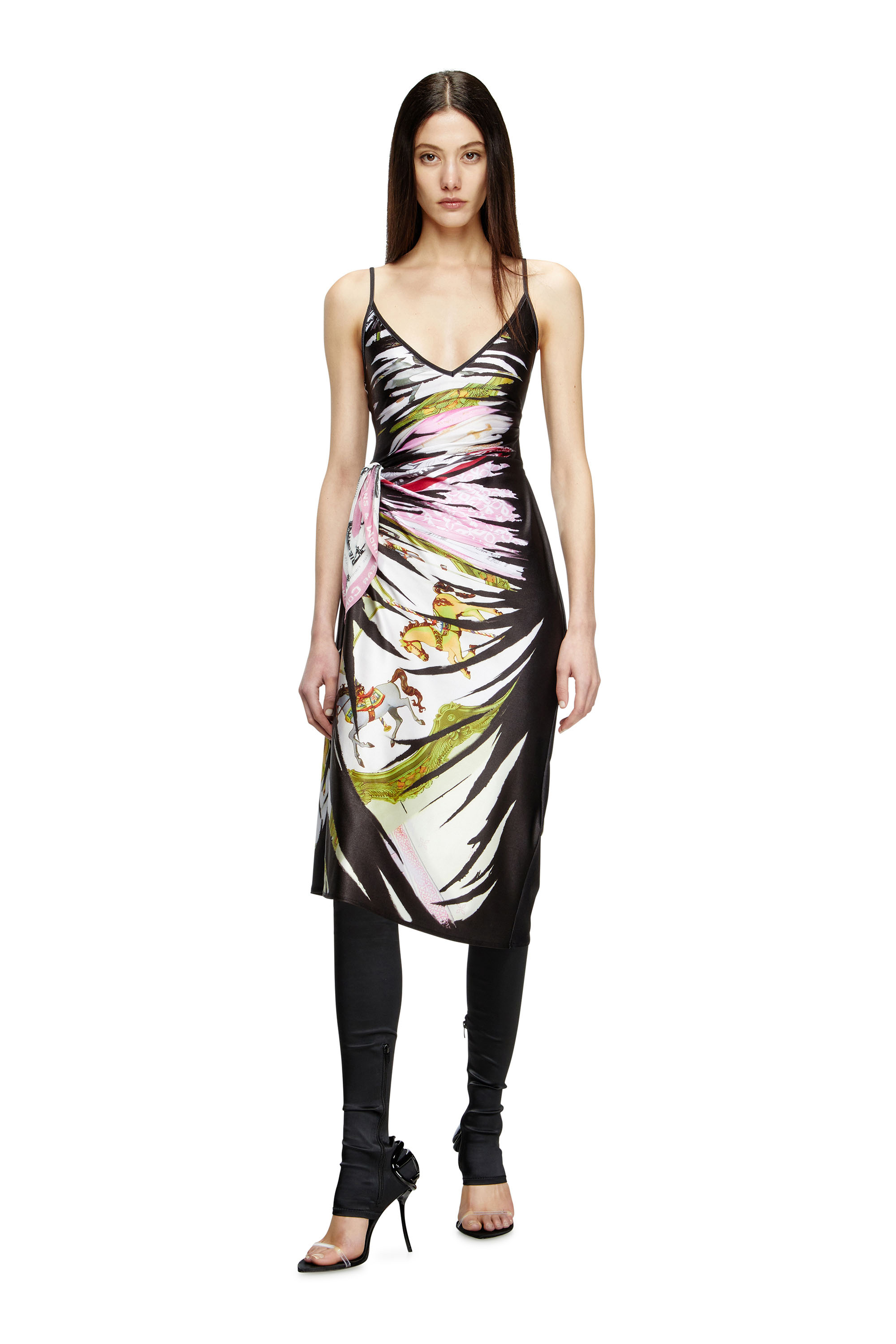 Diesel - D-OROTYS, Damen Drapiertes Midi-Kleid mit Bandana-Print in Schwarz/Weiss - 2