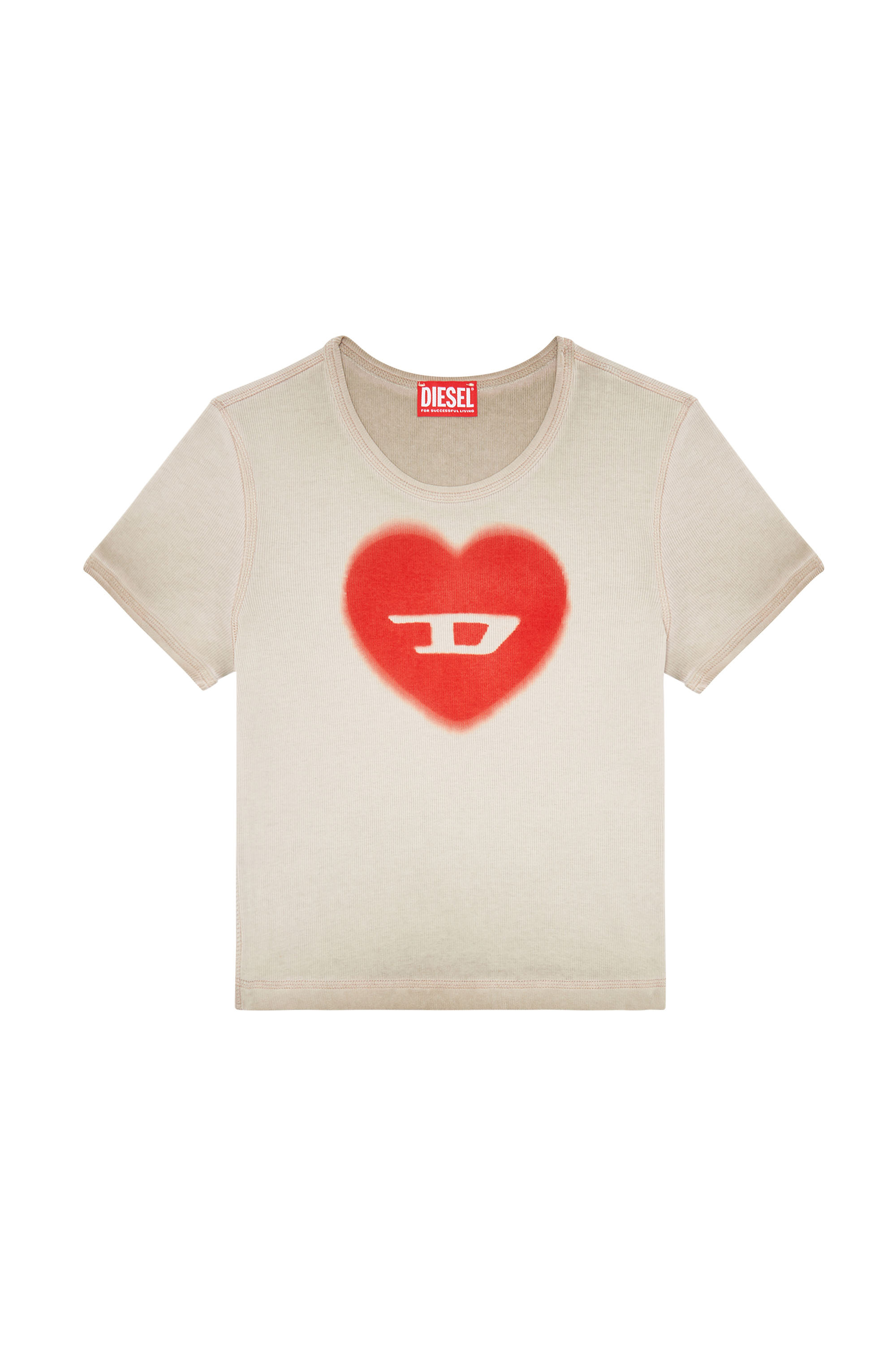 Diesel - T-ELE, T-shirt a costine con cuore D effetto acquerello Donna in Beige - 3