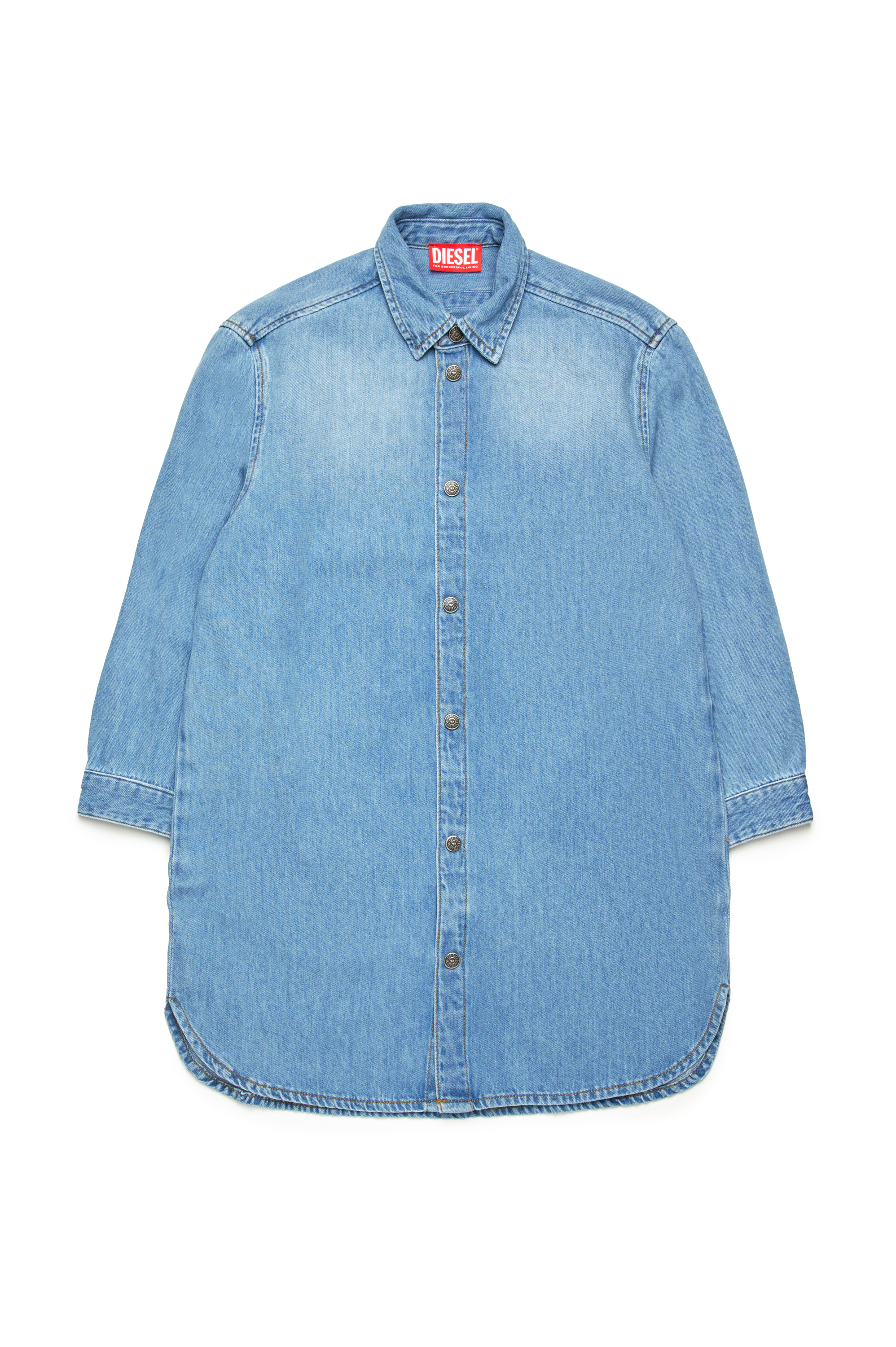 Diesel - DEBBLI, Robe chemise en denim avec logo Oval D effiloché Femme in Bleu - 1