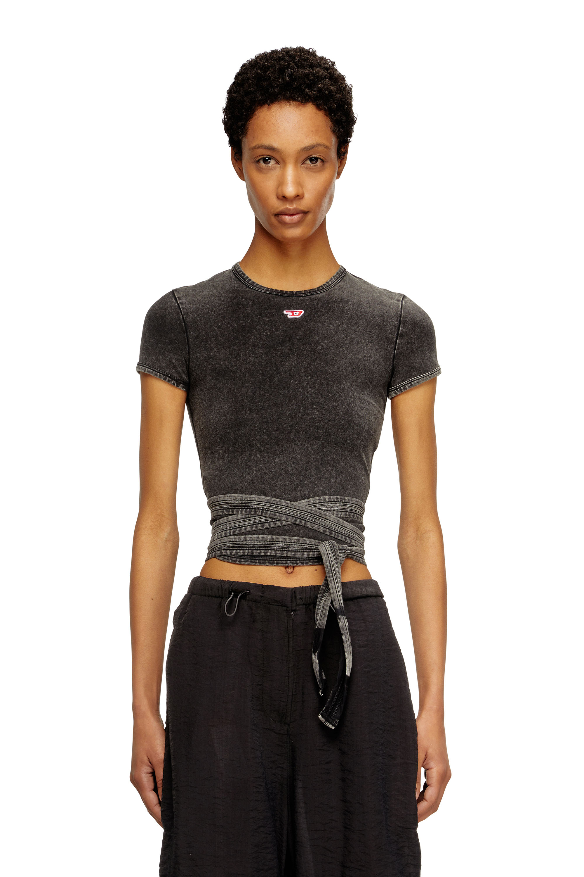 Diesel - T-BUNNY-TAIL-R1, T-shirt effet denim avec lanières croisées Femme in Noir - 1